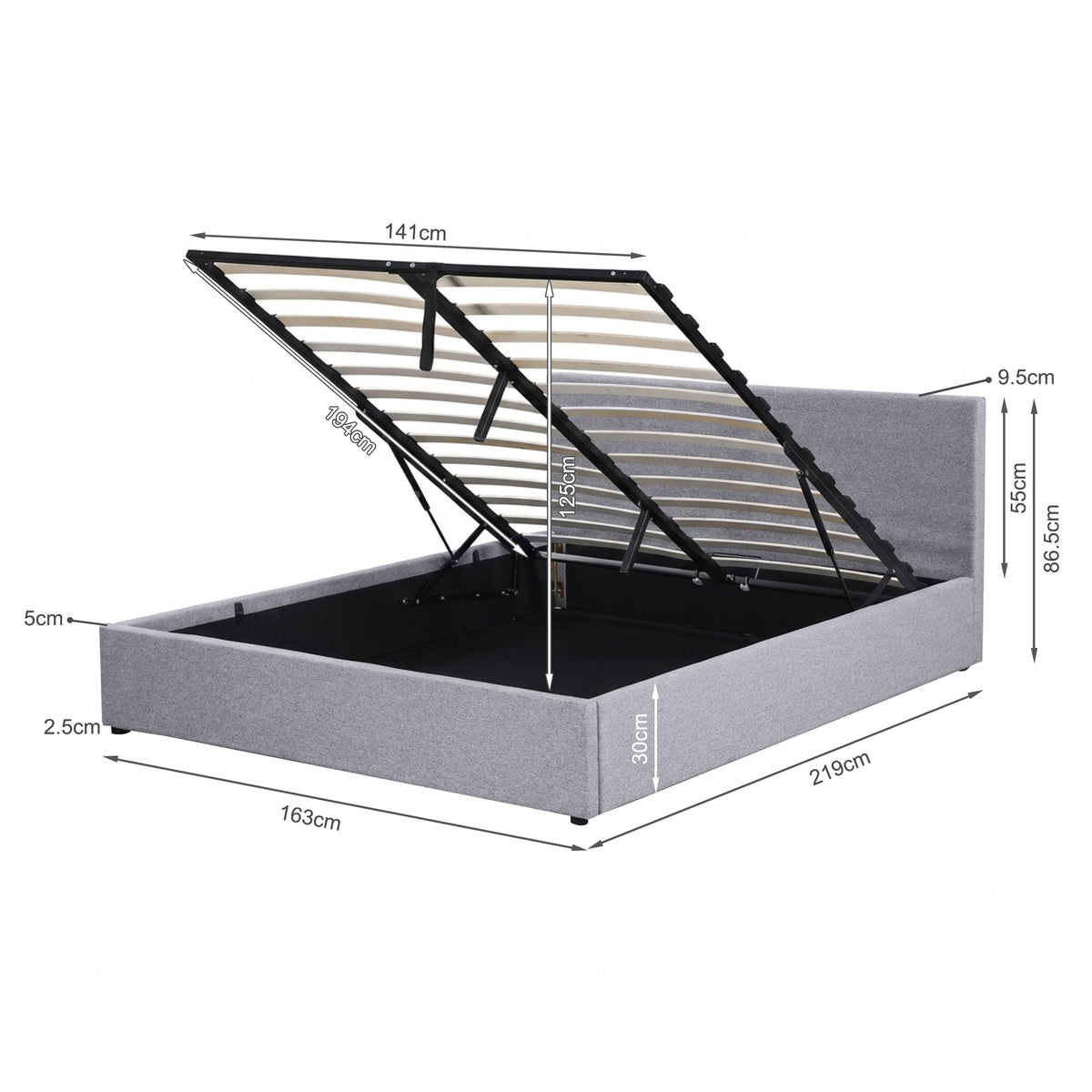 Violet Queen Gas Lift Bed Frame - Light Grey