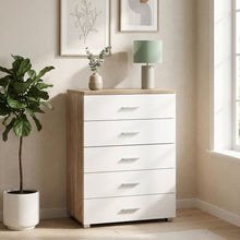 Load image into Gallery viewer, 23451-bram-tallboy-5-drawer-chest-dresser-oak-white-2604014