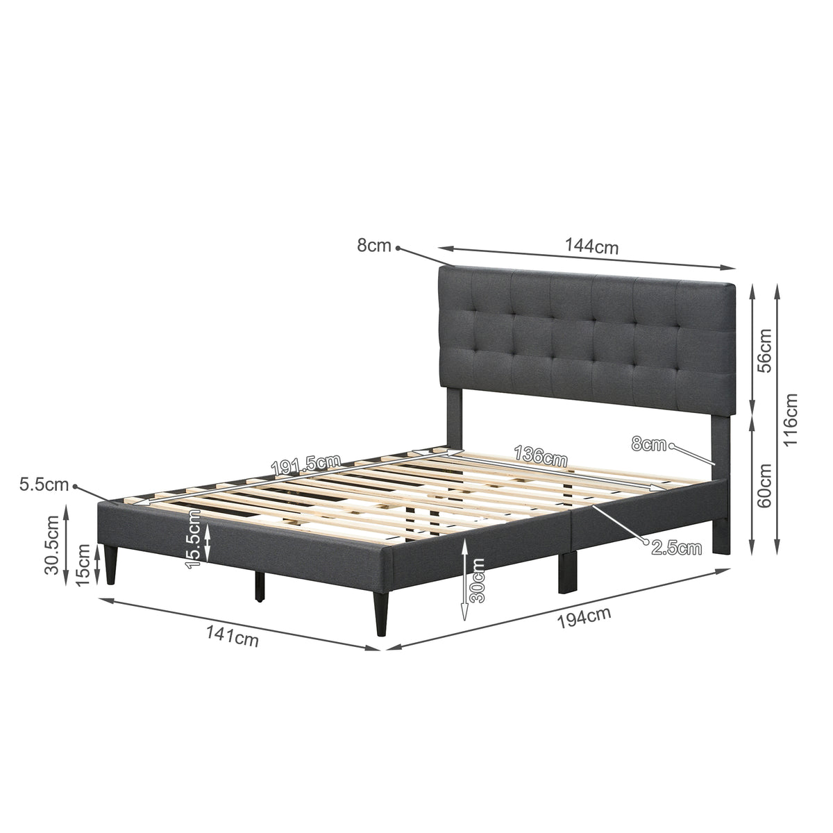 Kora Double Bed Frame - Dark Grey