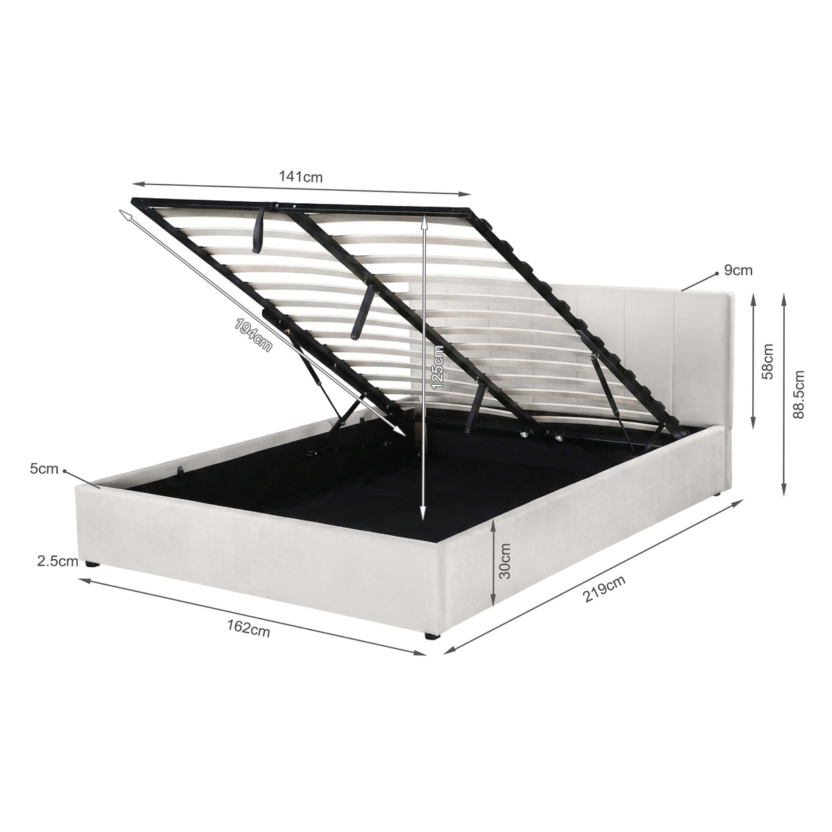 Penelope Queen Gas Lift Velvet Bed Frame - Beige