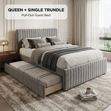 Load image into Gallery viewer, 23142-tasman-velvet-queen-with-single-trundle-bed-frame-grey-2606222