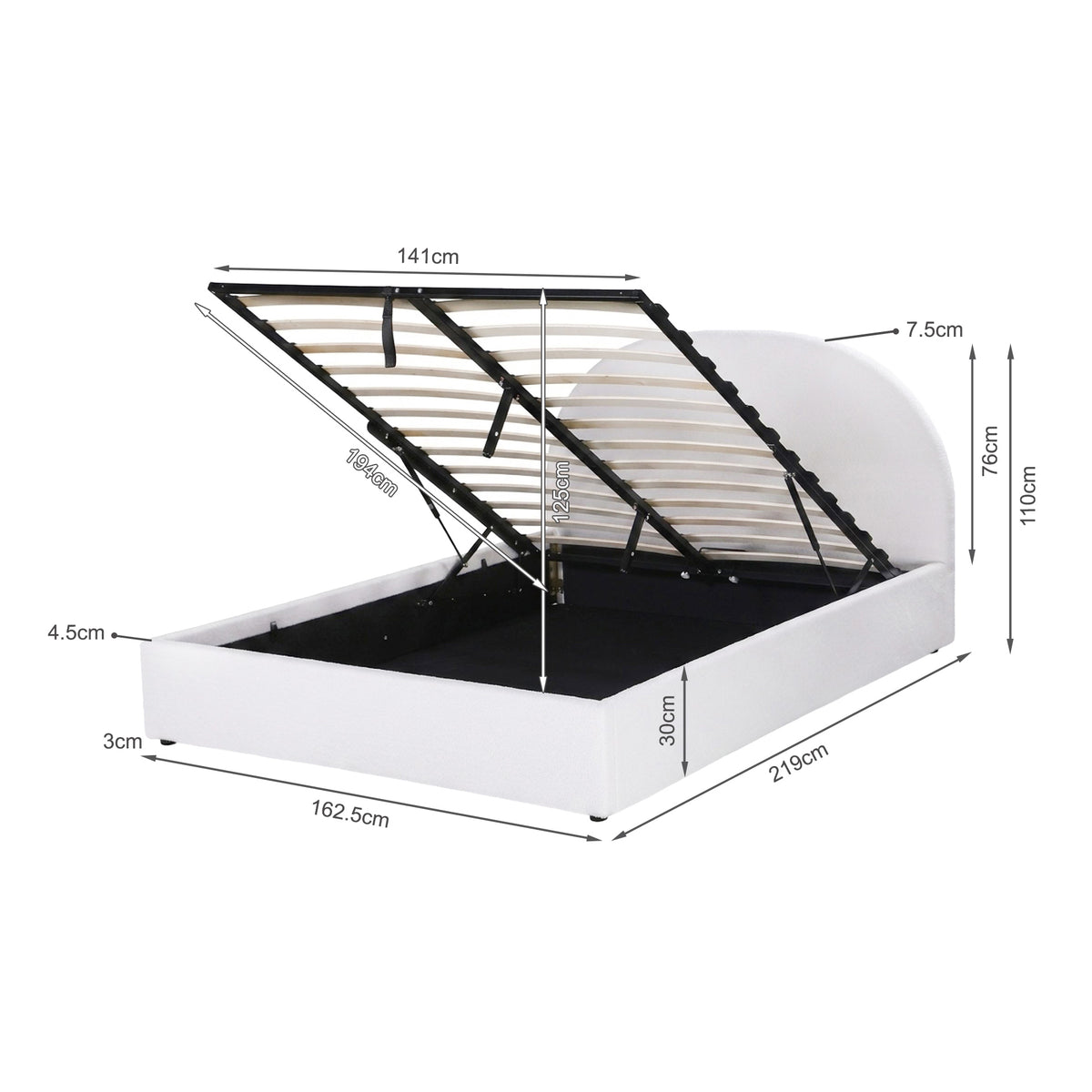Isabella Boucle Queen Gas Lift Bed Frame - White