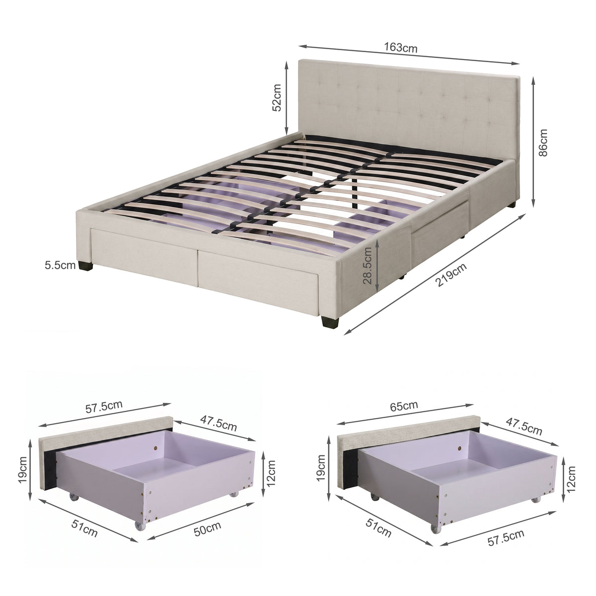 Eleanor Queen Bed Frame with 4 Drawers - Beige