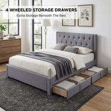 Load image into Gallery viewer, Thornton Double Fabric Bed Frame with 4 Drawers - Light Grey