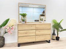 Load image into Gallery viewer, Frohna Low Boy 6 Drawers Chest Dresser with Mirror - Oak At Betalife
