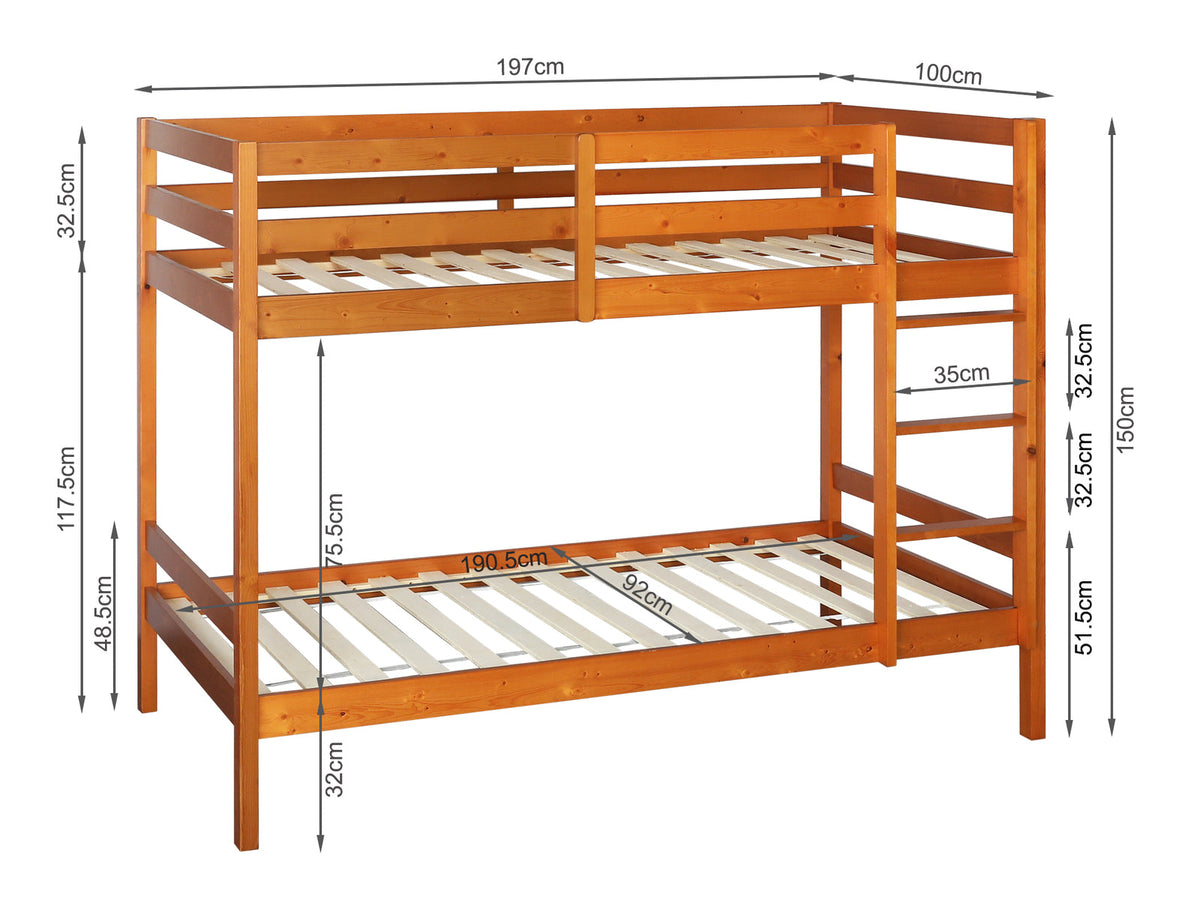 Maroon Single Wooden Bunk Bed Frame - Oak