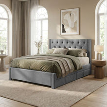 Load image into Gallery viewer, Thornton Double Fabric Bed Frame with 4 Drawers - Light Grey