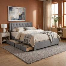 Load image into Gallery viewer, Thornton Queen Fabric Bed Frame with 4 Drawers - Light Grey