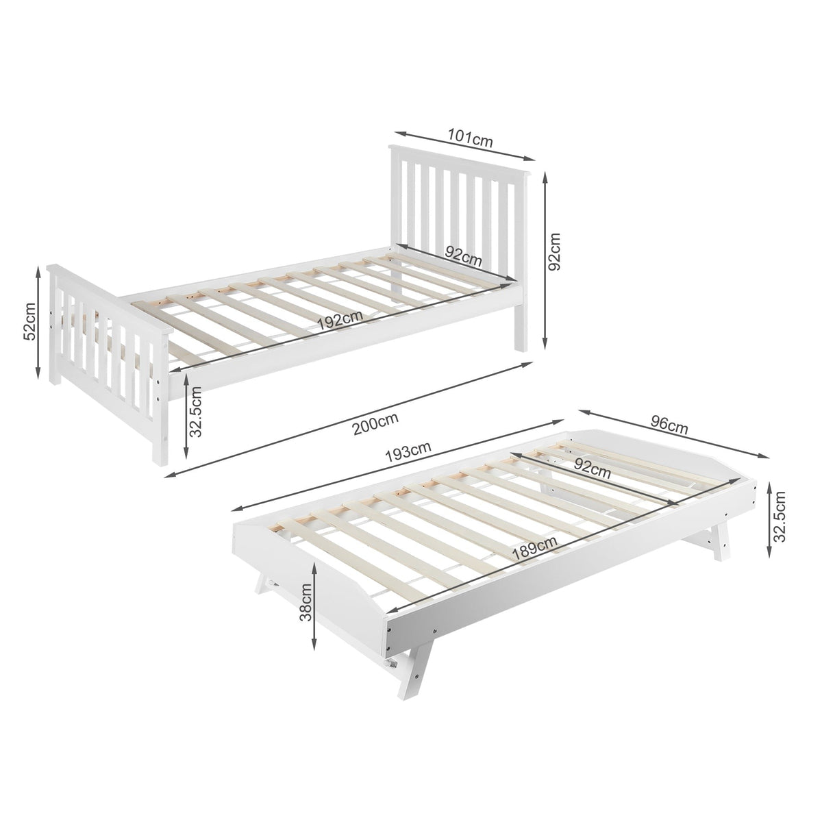 Hobson Single Wooden Trundle Bed Frame - White