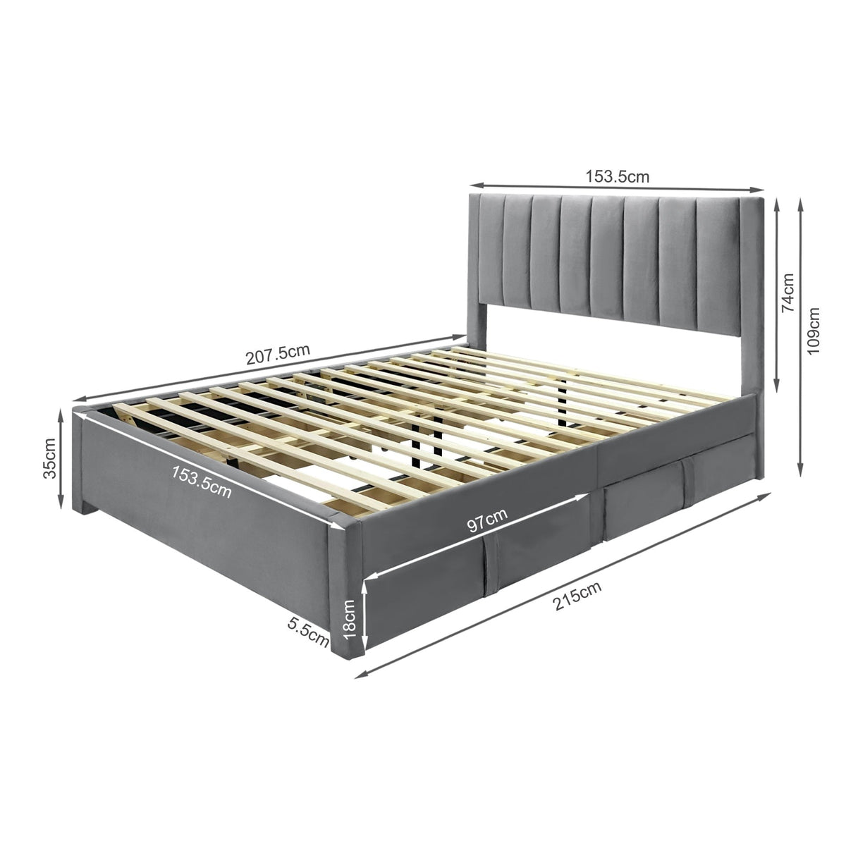 Columbia Queen Fabric Bed Frame with 4 Drawers - Grey