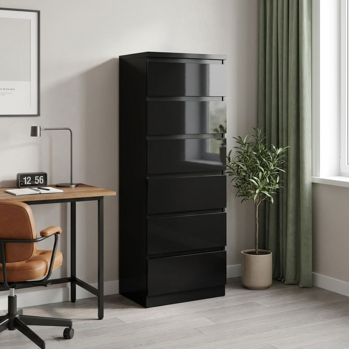 Angeles High Gloss 6 Drawer Slim Tallboy - Black