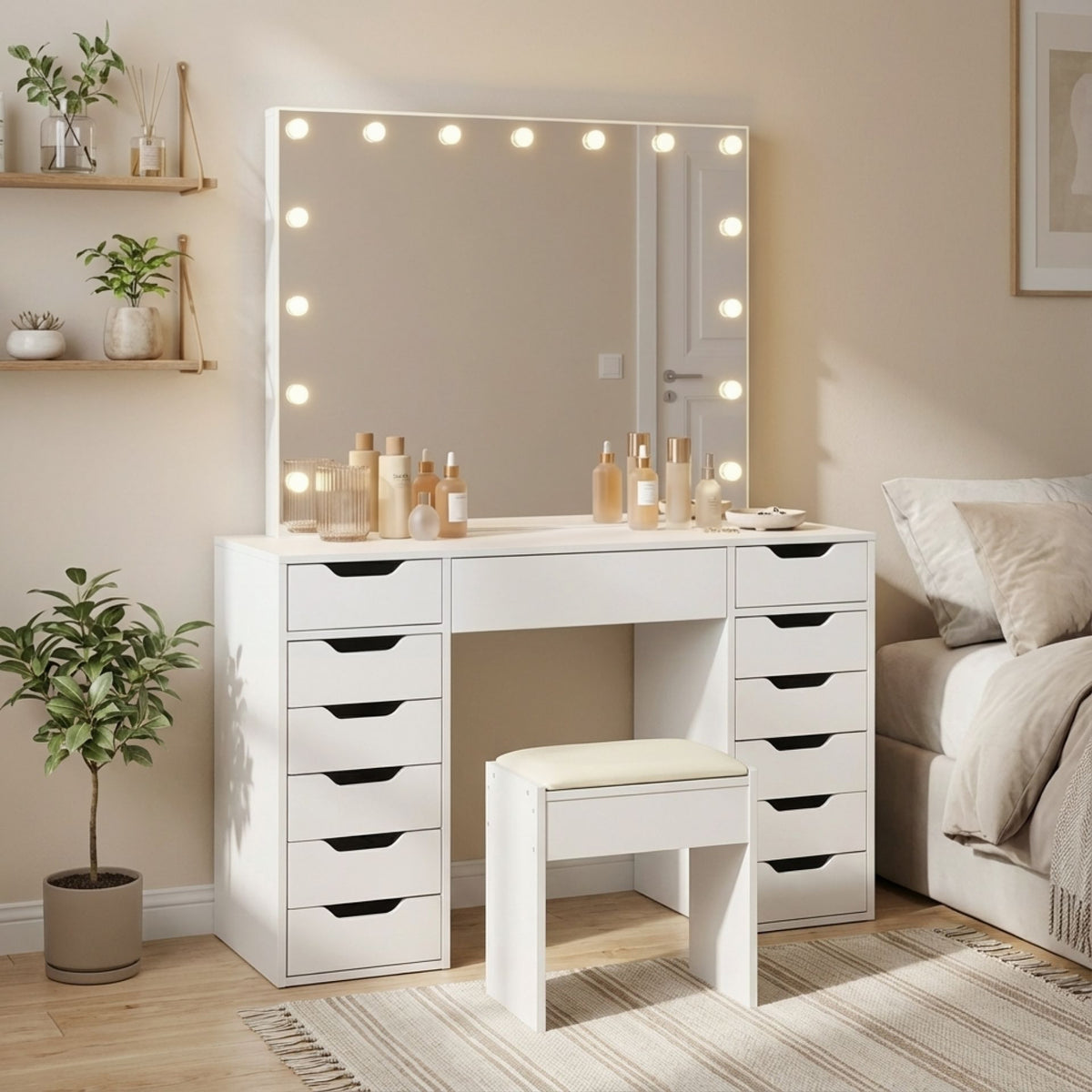 Lustra 2 Piece Dressing Table with Mirror & Stool Set - White