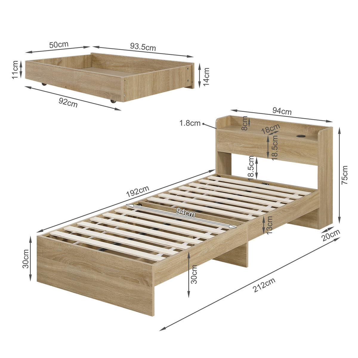 Elda Single Bed Frame with USB Port & Drawers - Natural