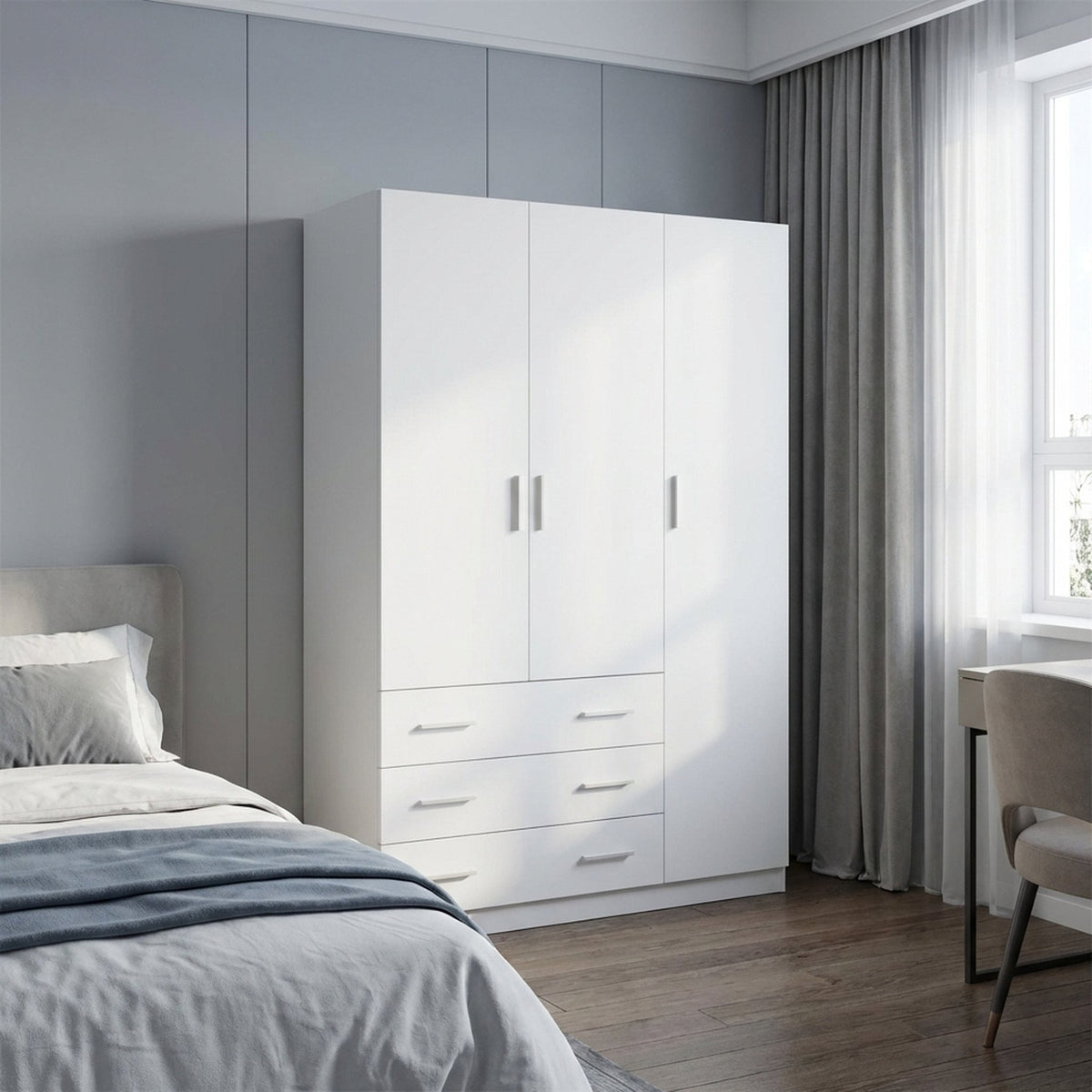 Tongass 3 Door Wardrobe with 3 Drawers - White