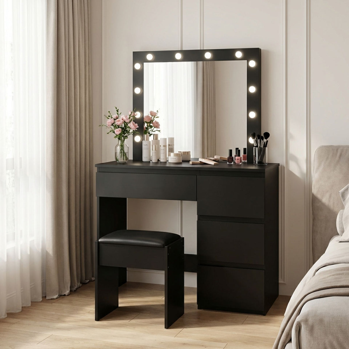Begonia 2 Piece Dressing Table with Mirror & Stool Set - Black