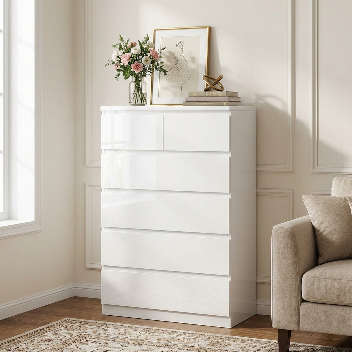 Angeles High Gloss 6 Drawer Tallboy - White