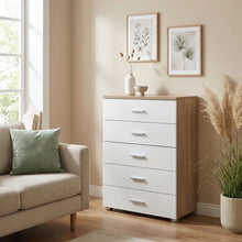 Load image into Gallery viewer, 23451-bram-tallboy-5-drawer-chest-dresser-oak-white-2604015