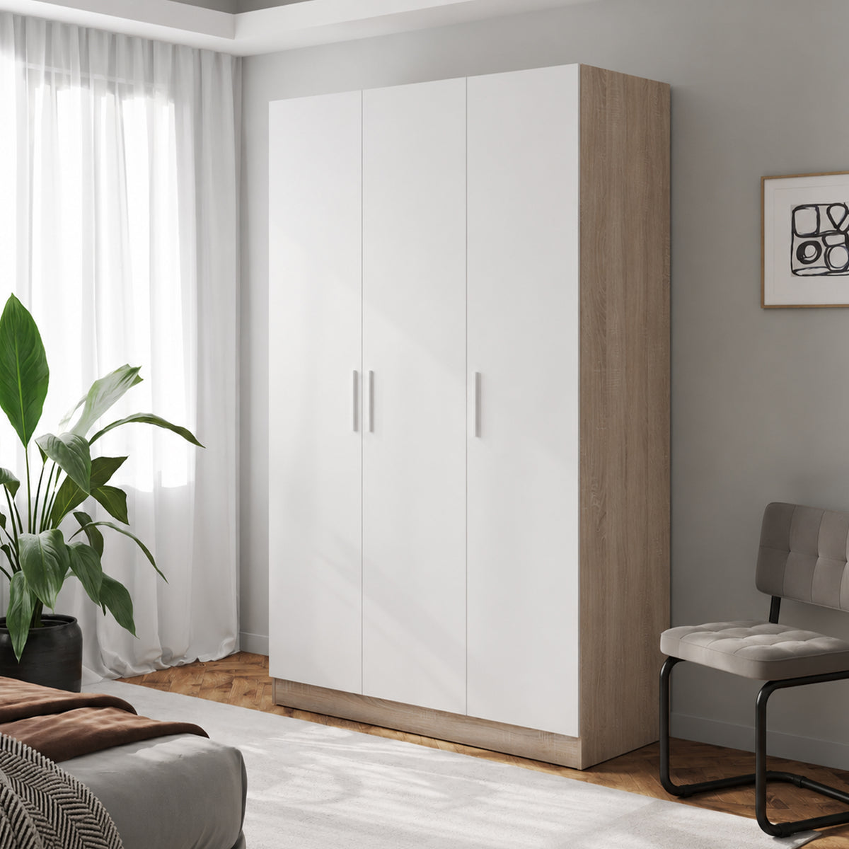 Bram 3 Door Wardrobe Cabinet - Oak + White