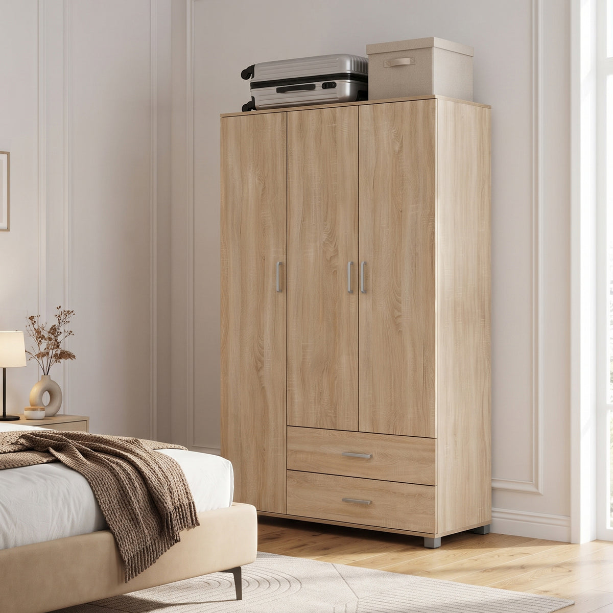 Bram 3 Door Wardrobe Cabinet with 2 Drawers - Oak