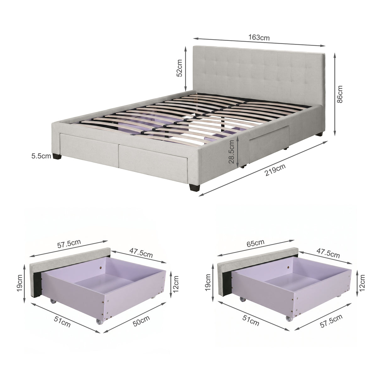 Eleanor Queen Bed Frame with 4 Drawers - Light Beige