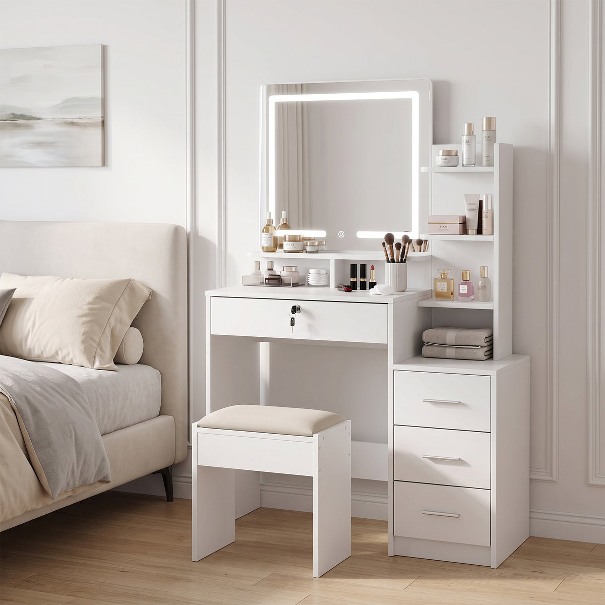 Gardenia 2 Piece Dressing Table with Mirror & Stool Set - White