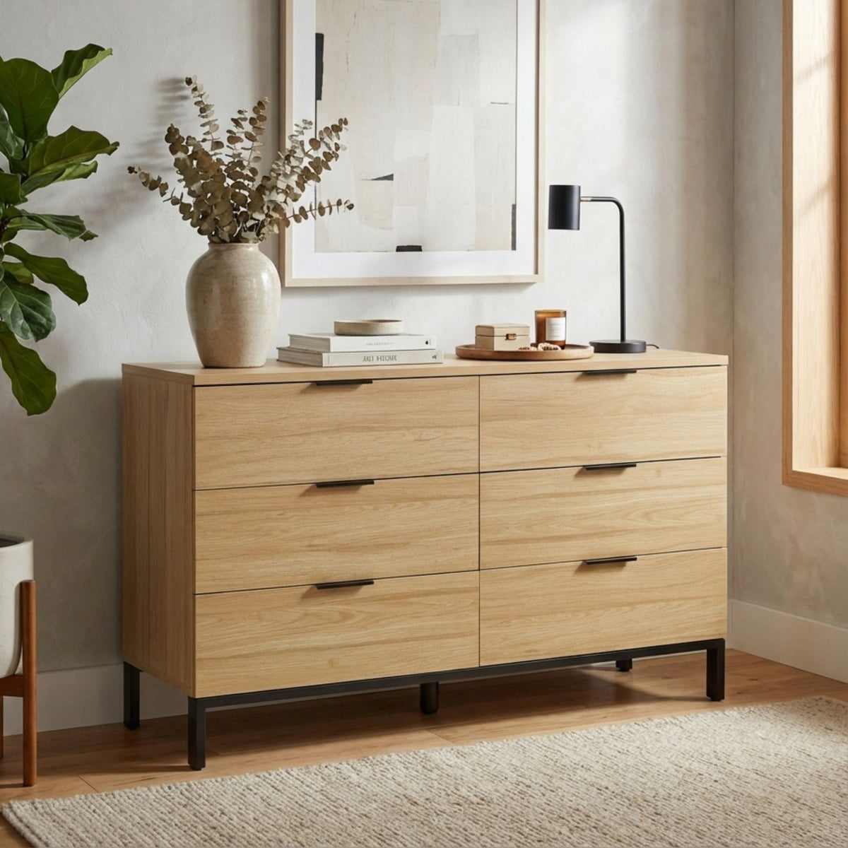 Ocala Low Boy 6 Drawer Chest Dresser - Oak
