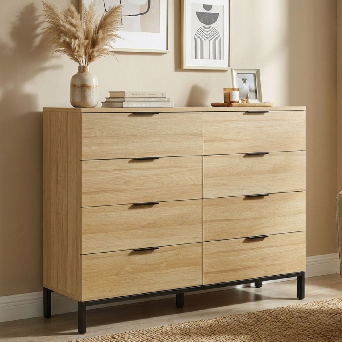 Ocala Low Boy 8 Drawer Chest Dresser - Oak
