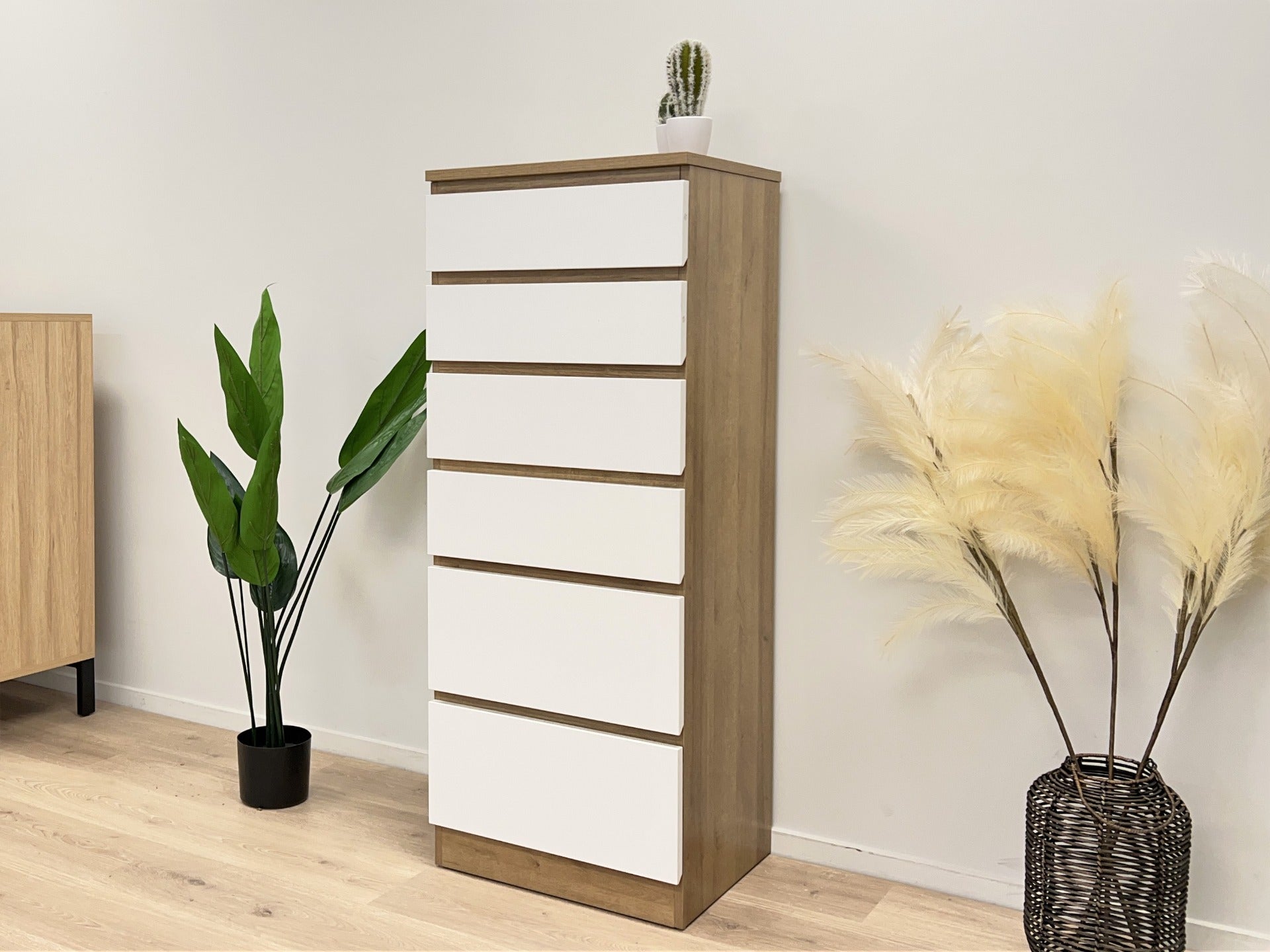 White and cheap oak tallboy