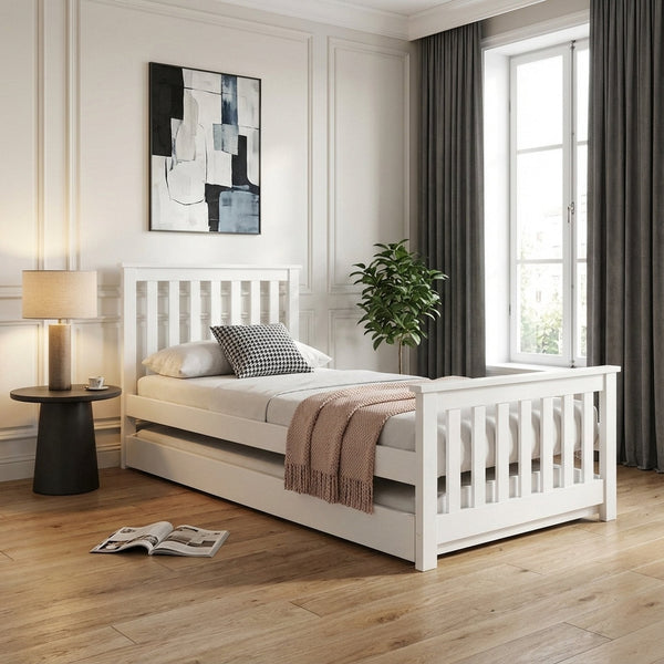 Hobson Single Wooden Trundle Bed Frame - White