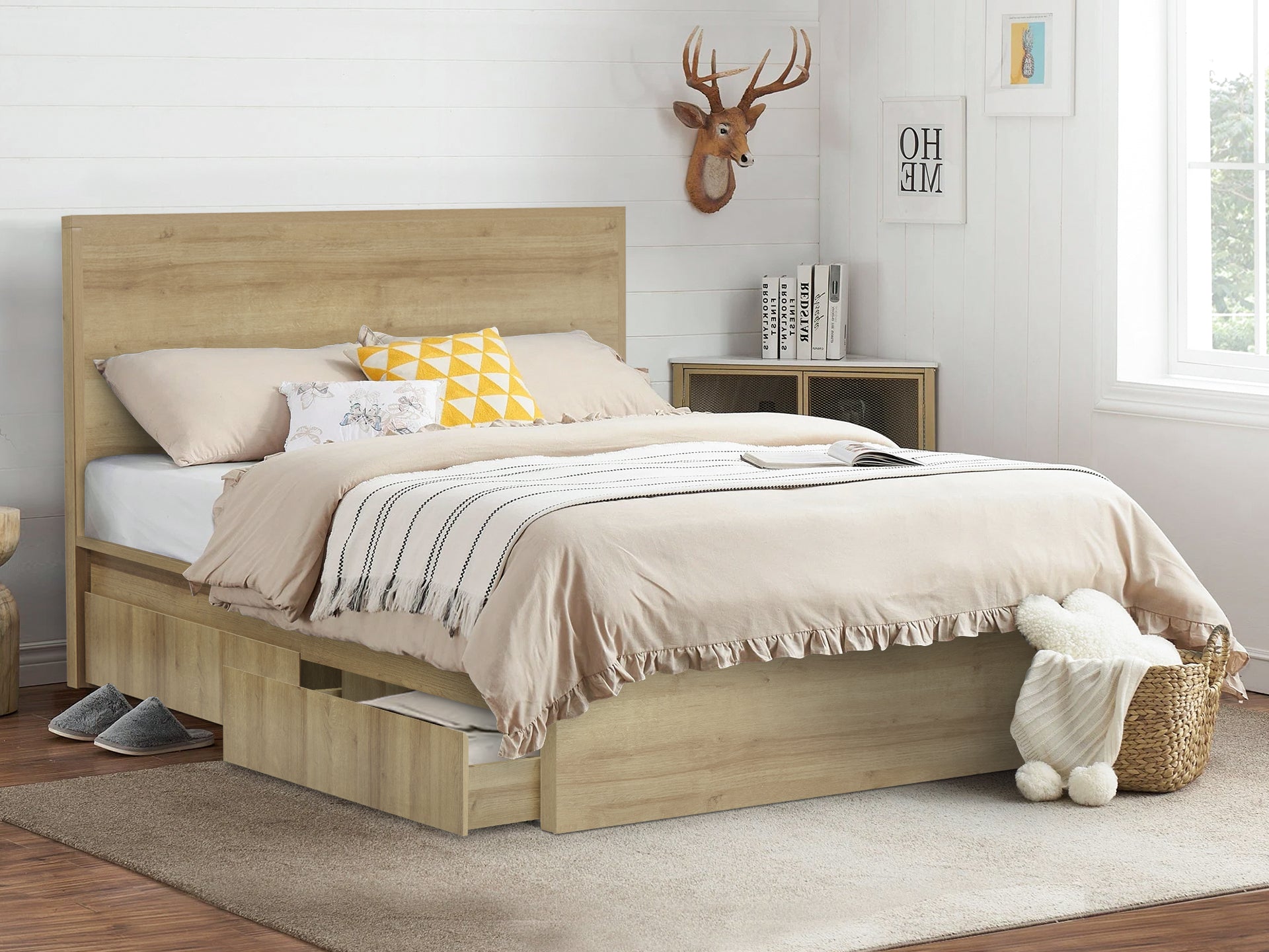 Timber double bed with outlet storage