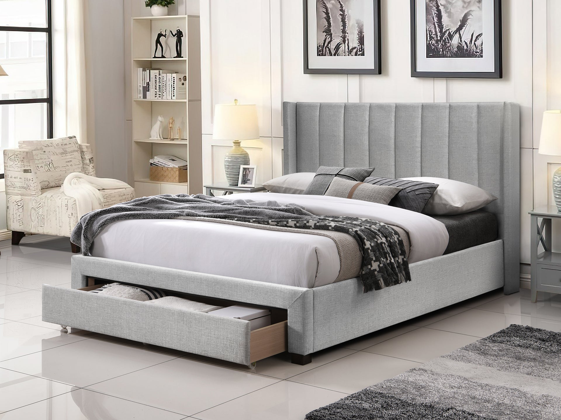 Grey bed frame queen hot sale