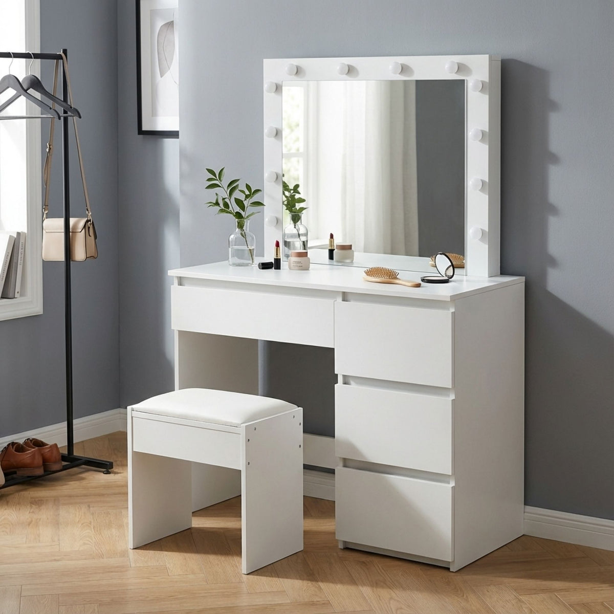 Begonia 2 Piece Dressing Table with Mirror & Stool Set - White