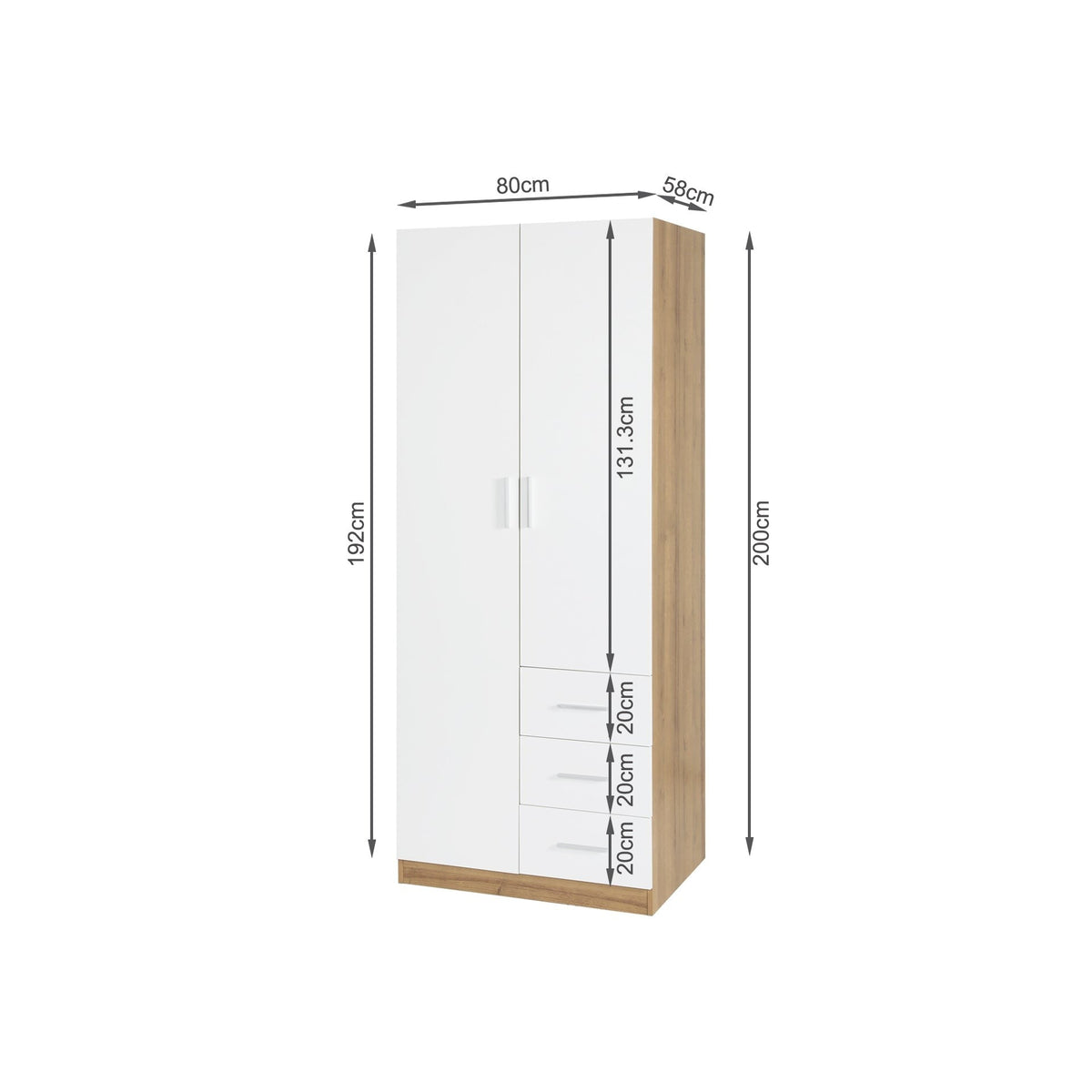 Harris 2 Door Wardrobe with 3 Drawers - Oak+White