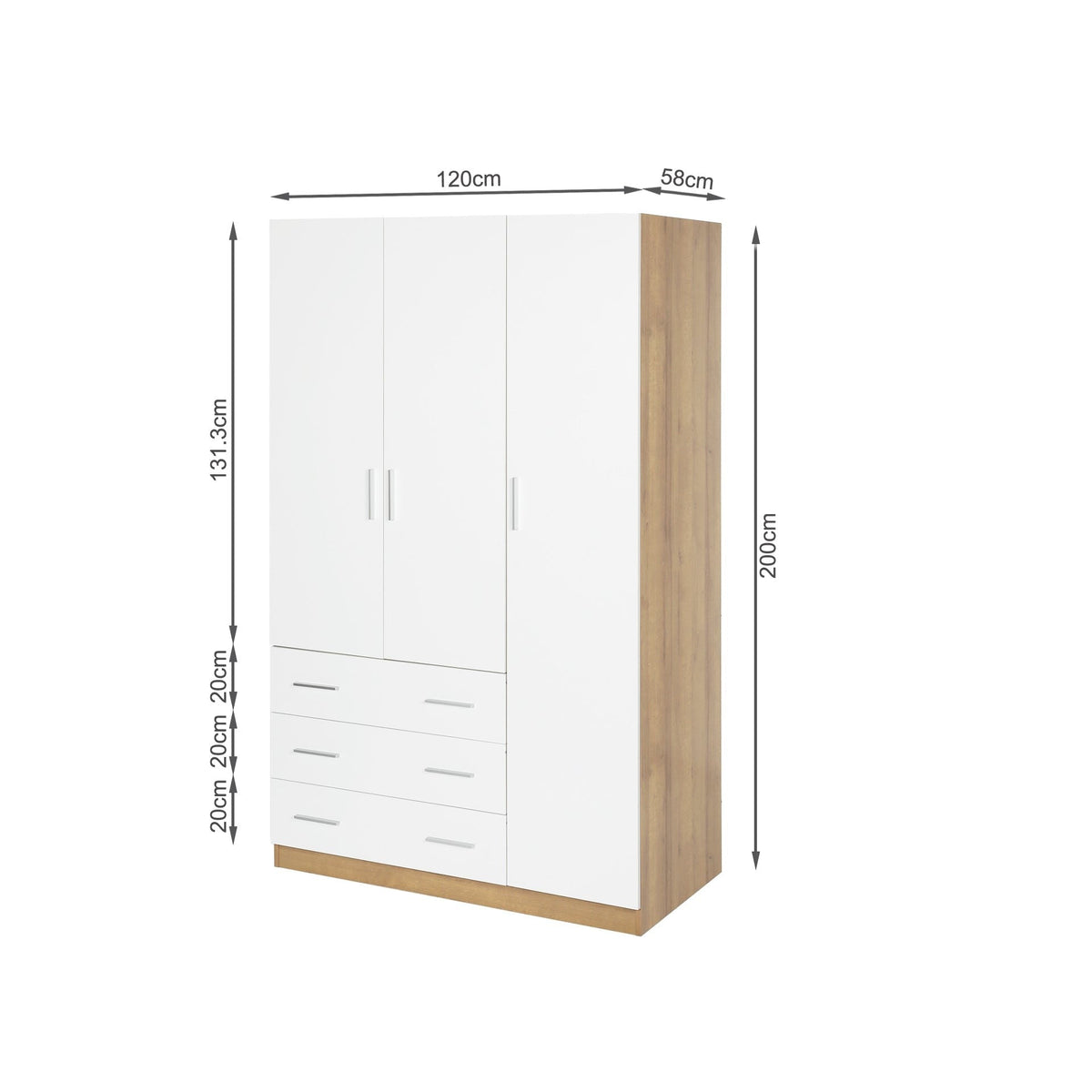 Harris 3 Door Wardrobe with 3 Drawers - Oak+White