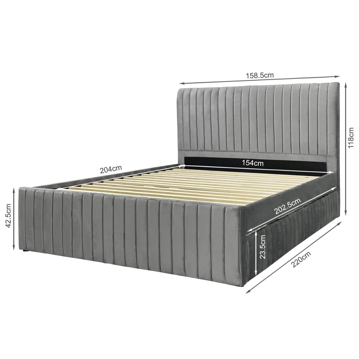 Tasman Velvet Queen with Single Trundle Bed Frame - Grey