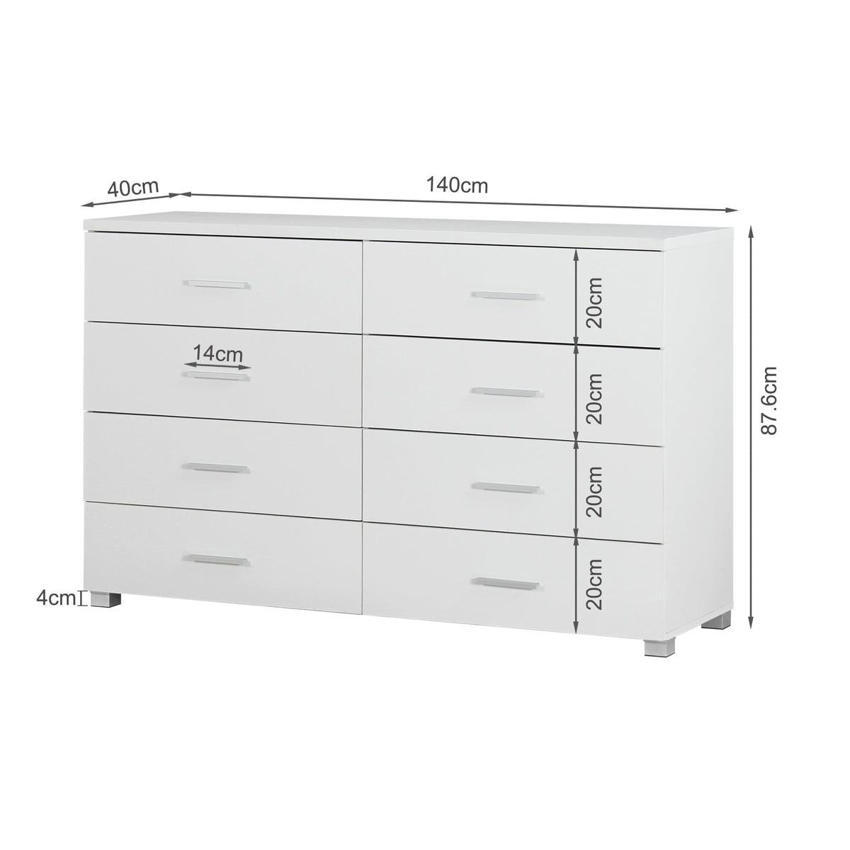 Bram Low Boy 8 Drawer Chest Dresser - White