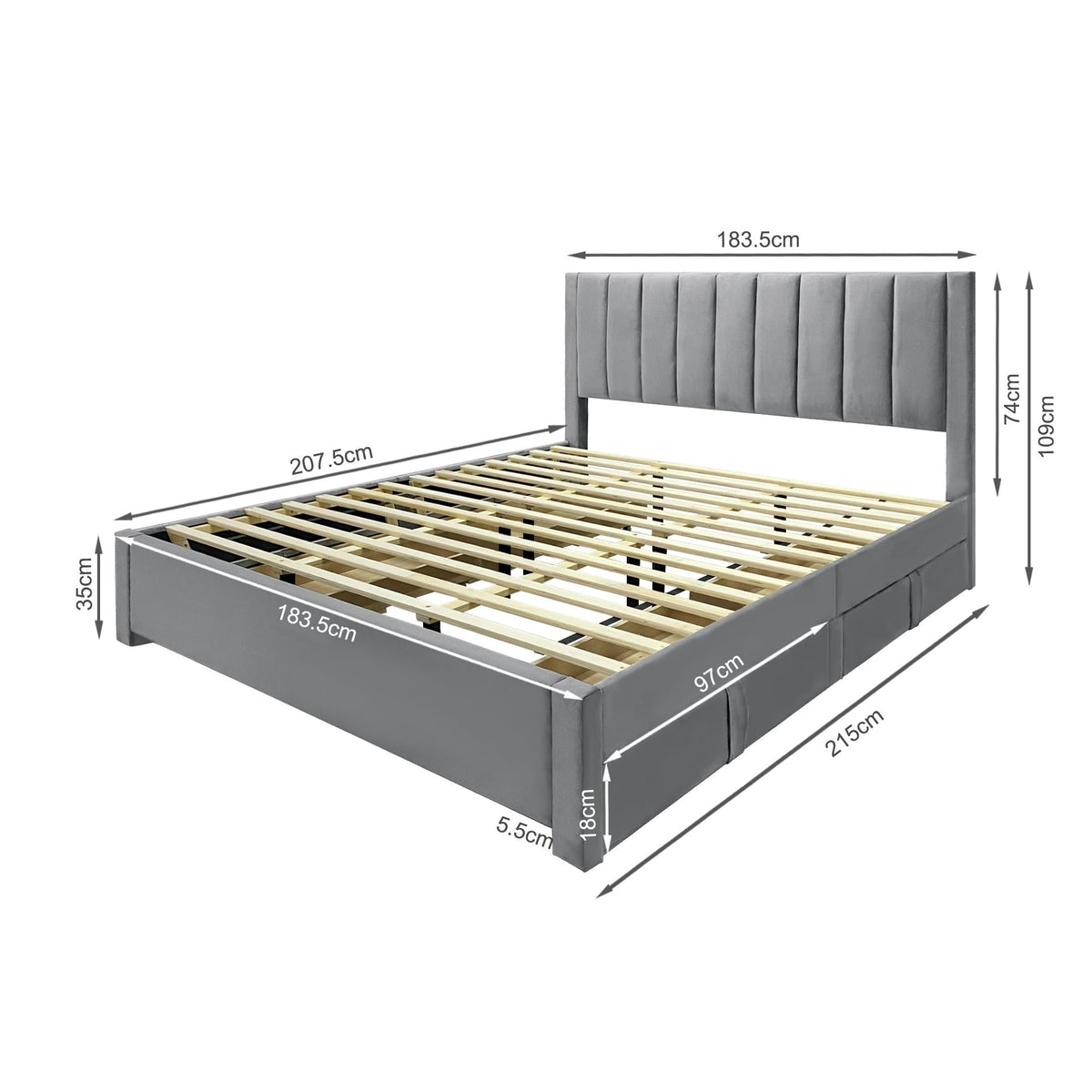 Columbia Super King Fabric Bed Frame with 4 Drawers - Grey