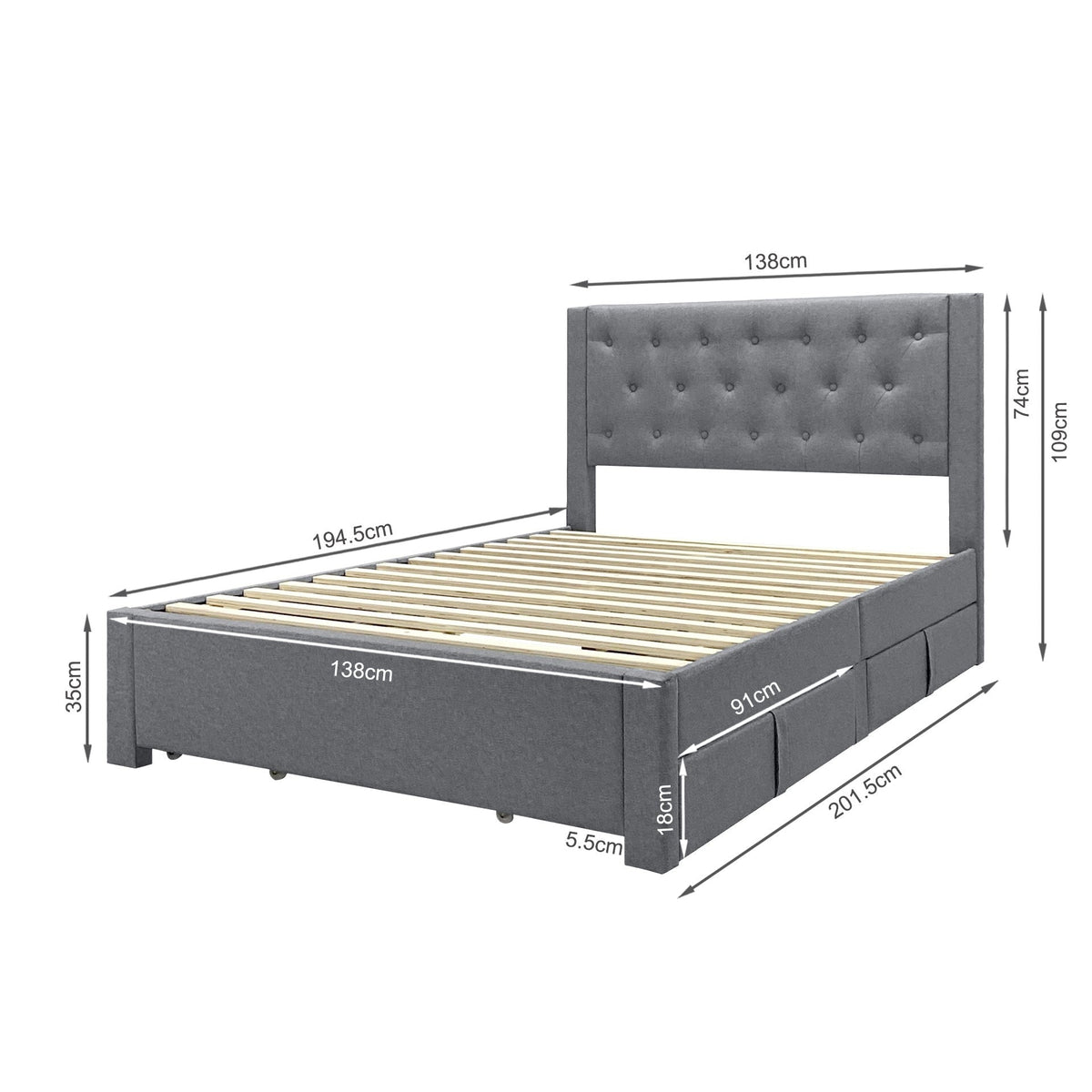 Thornton Double Fabric Bed Frame with 4 Drawers - Light Grey