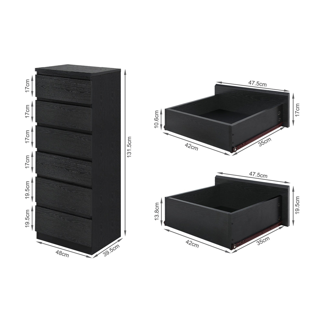 Tongass Wooden 6 Drawers Slim Tallboy - Black