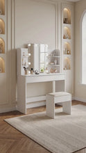 Load and play video in Gallery viewer, Celosia 2 Piece Dressing Table with Mirror &amp; Stool Set - White