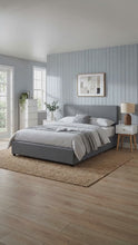 Load and play video in Gallery viewer, Shasta Fabric Slat Bed Frame with Headboard - Queen