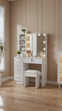 Load and play video in Gallery viewer, Freesia 2 Piece Dressing Table with Mirror &amp; Stool Set - White