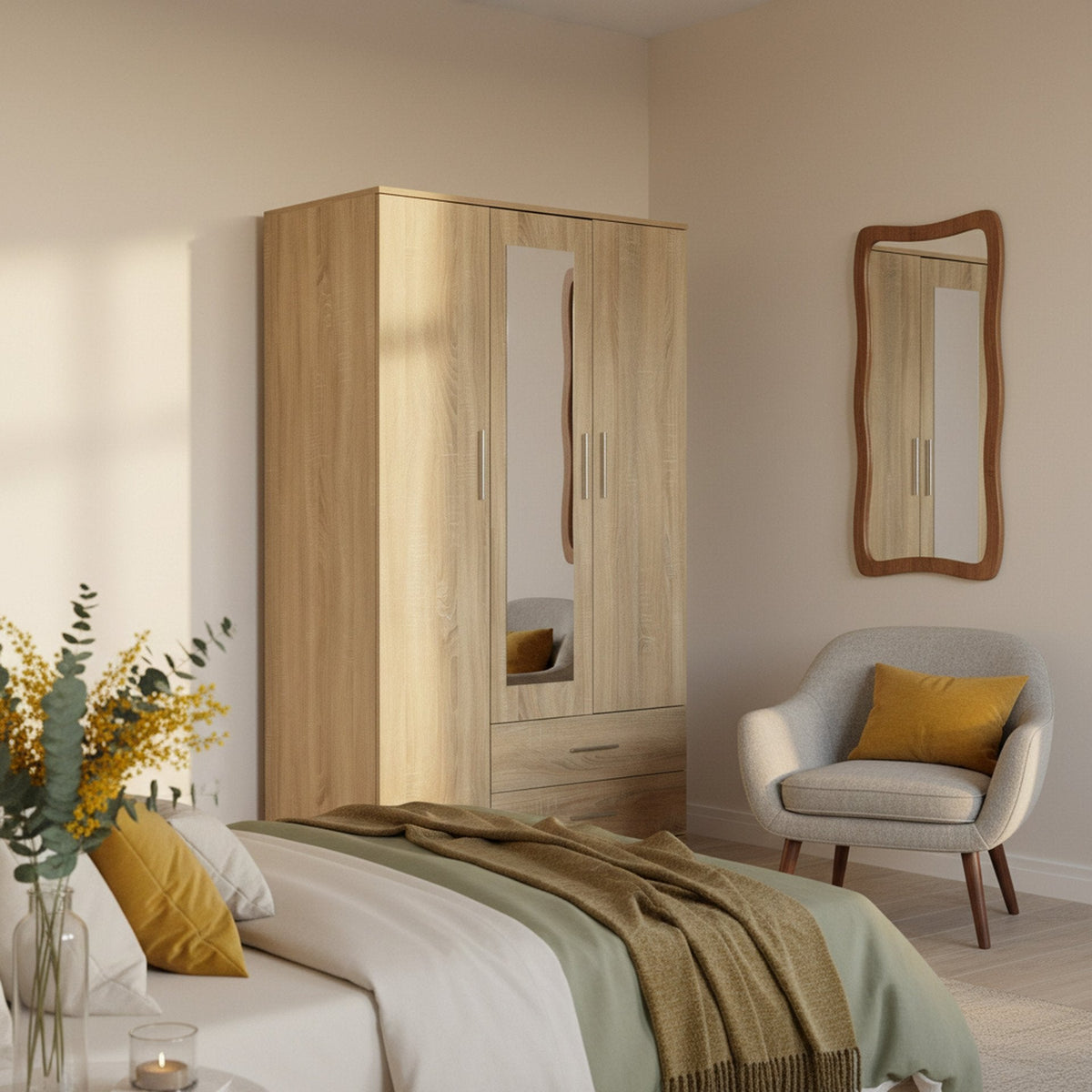 Bram 3 Door Wardrobe Cabinet with Mirror - Oak